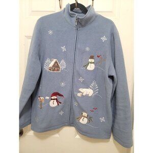 Croft & Barrow Snowy Winter Wonderland Embroidered Fleece Jacket Snowman & Polar